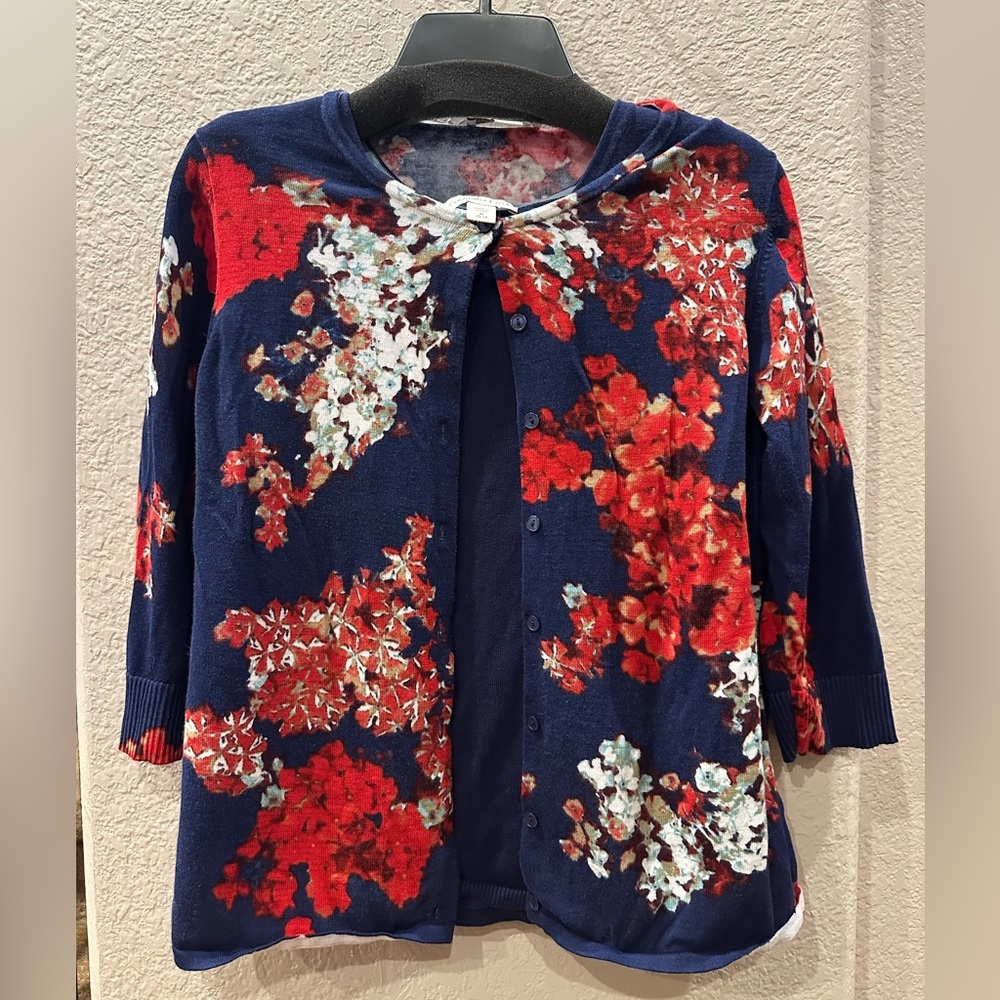 Coldwater Creek Medium Floral Cardigan with Red and White Accents Cotton Blend